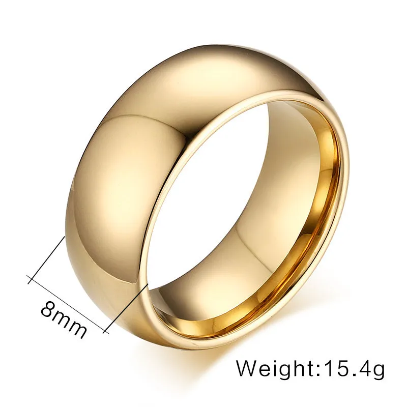 Gold tungsten carbide signet ring on display showing unisex design and metallic finish