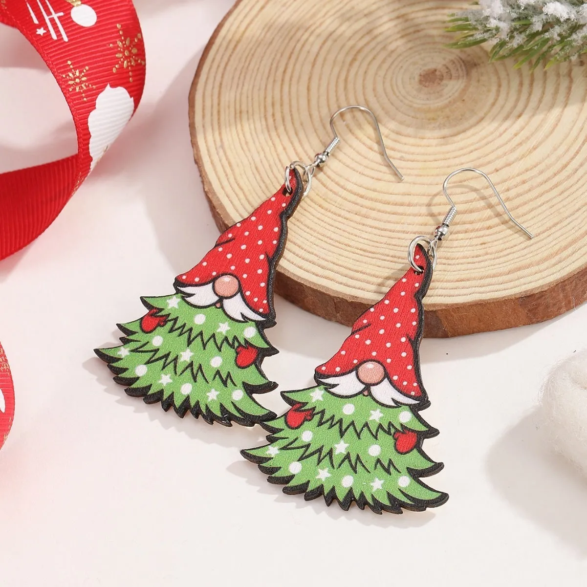 Christmas wooden earrings with printed tree and snowman designs