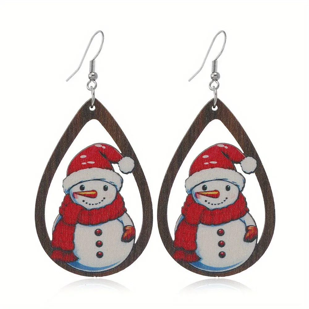 Christmas wooden earrings with printed tree and snowman designs