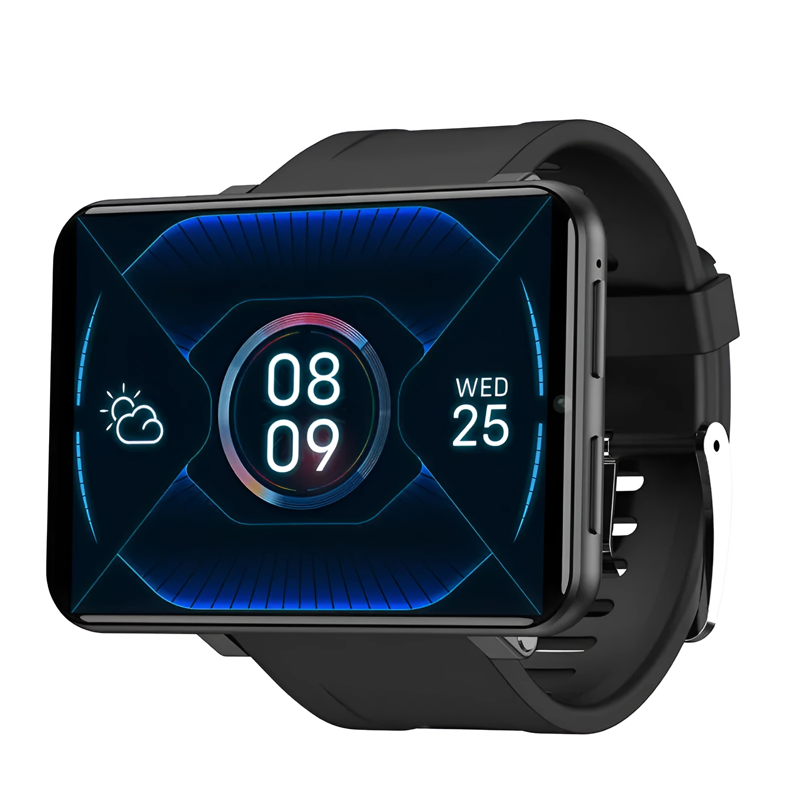 Black GPS camera watch with touch screen and TPU strap on wrist against a neutral background