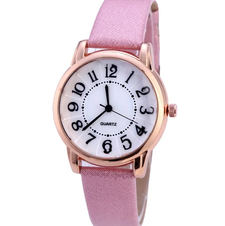Women's simple dial quartz watch with leather strap in 28mm case, available in multiple colours