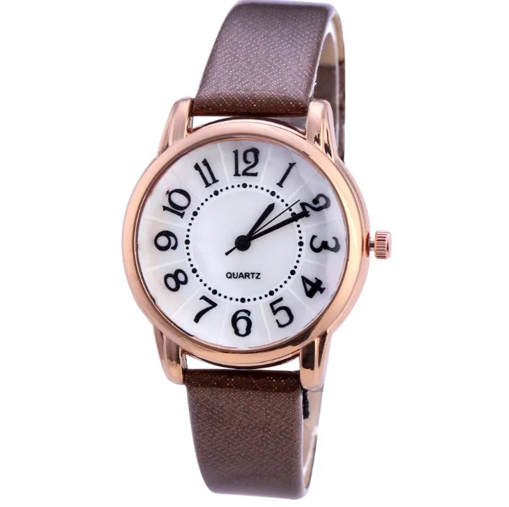 Women's simple dial quartz watch with leather strap in 28mm case, available in multiple colours