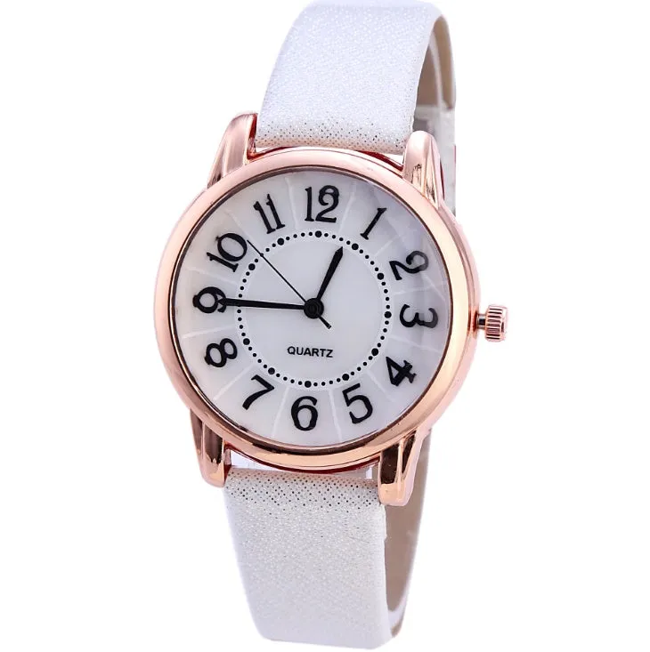 Women's simple dial quartz watch with leather strap in 28mm case, available in multiple colours