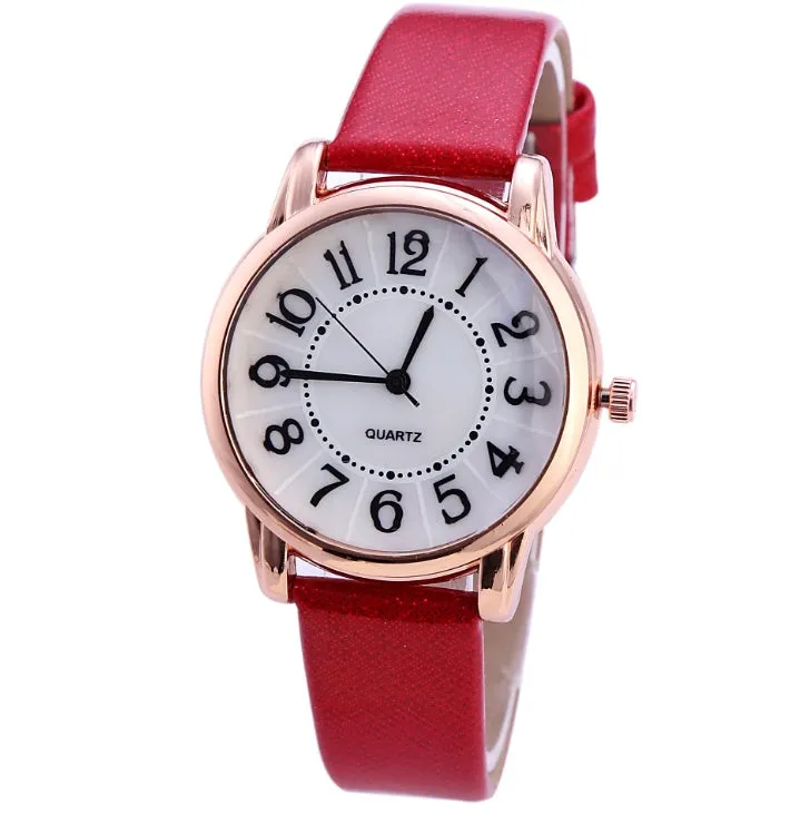 Women's simple dial quartz watch with leather strap in 28mm case, available in multiple colours