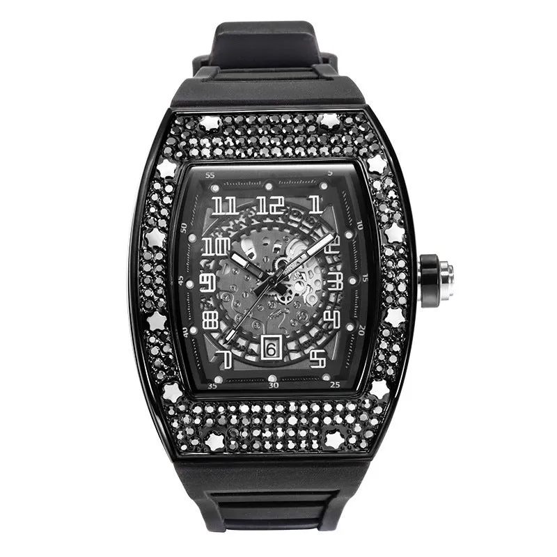 Full diamond tonneau silicone band quartz men's watch with 50mm dial, black colour option, and pin buckle