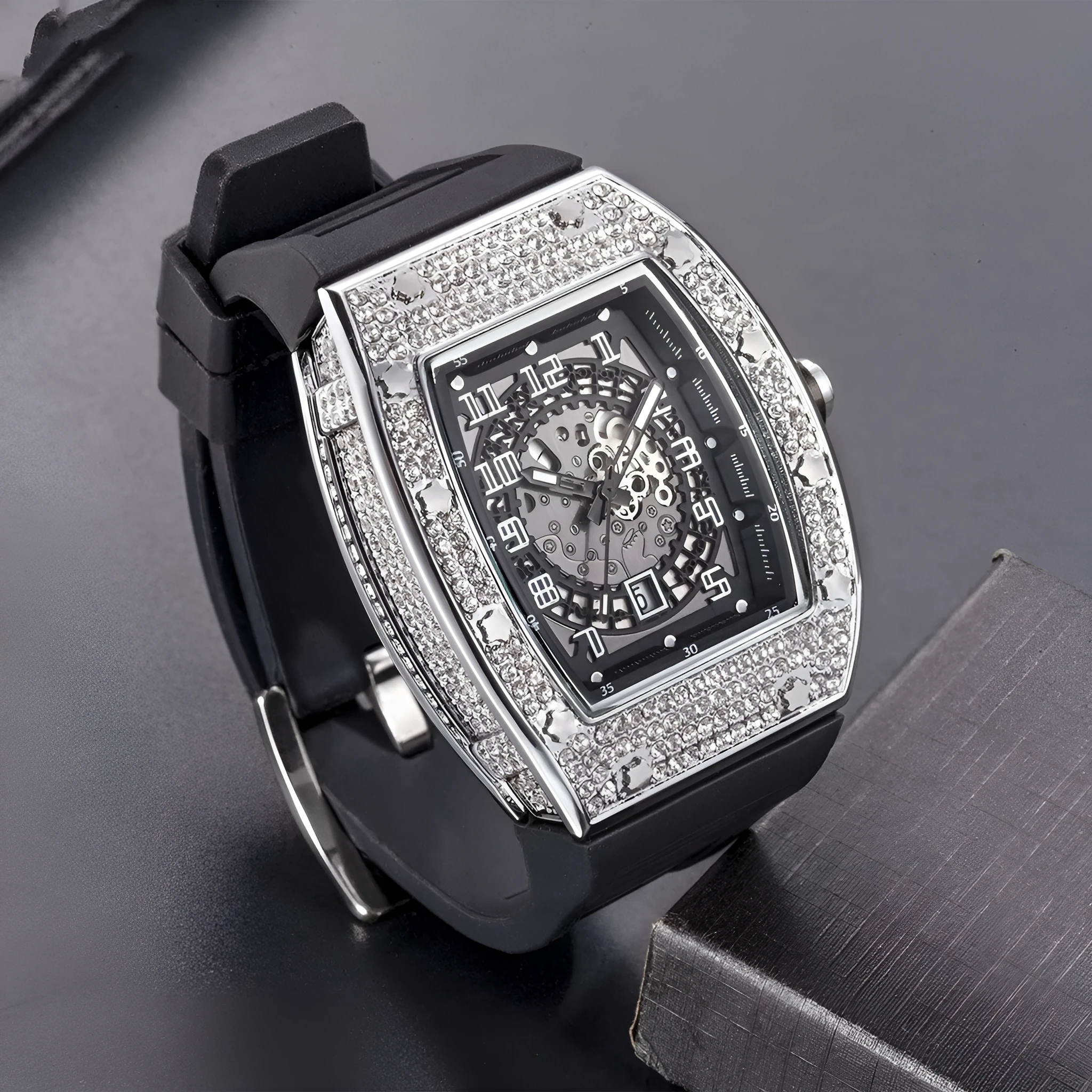 Full diamond tonneau silicone band quartz men's watch with 50mm dial, black colour option, and pin buckle