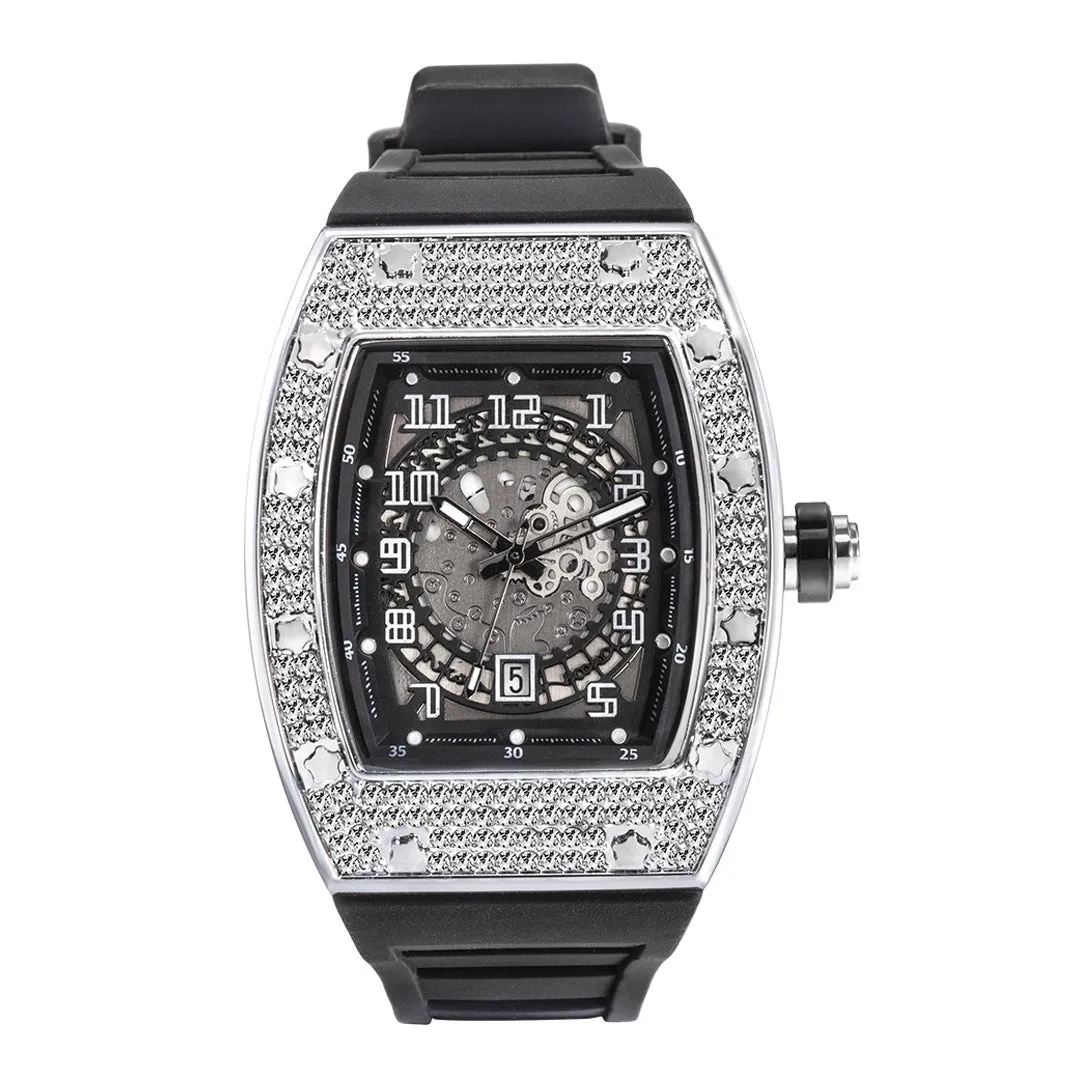 Full diamond tonneau silicone band quartz men's watch with 50mm dial, black colour option, and pin buckle
