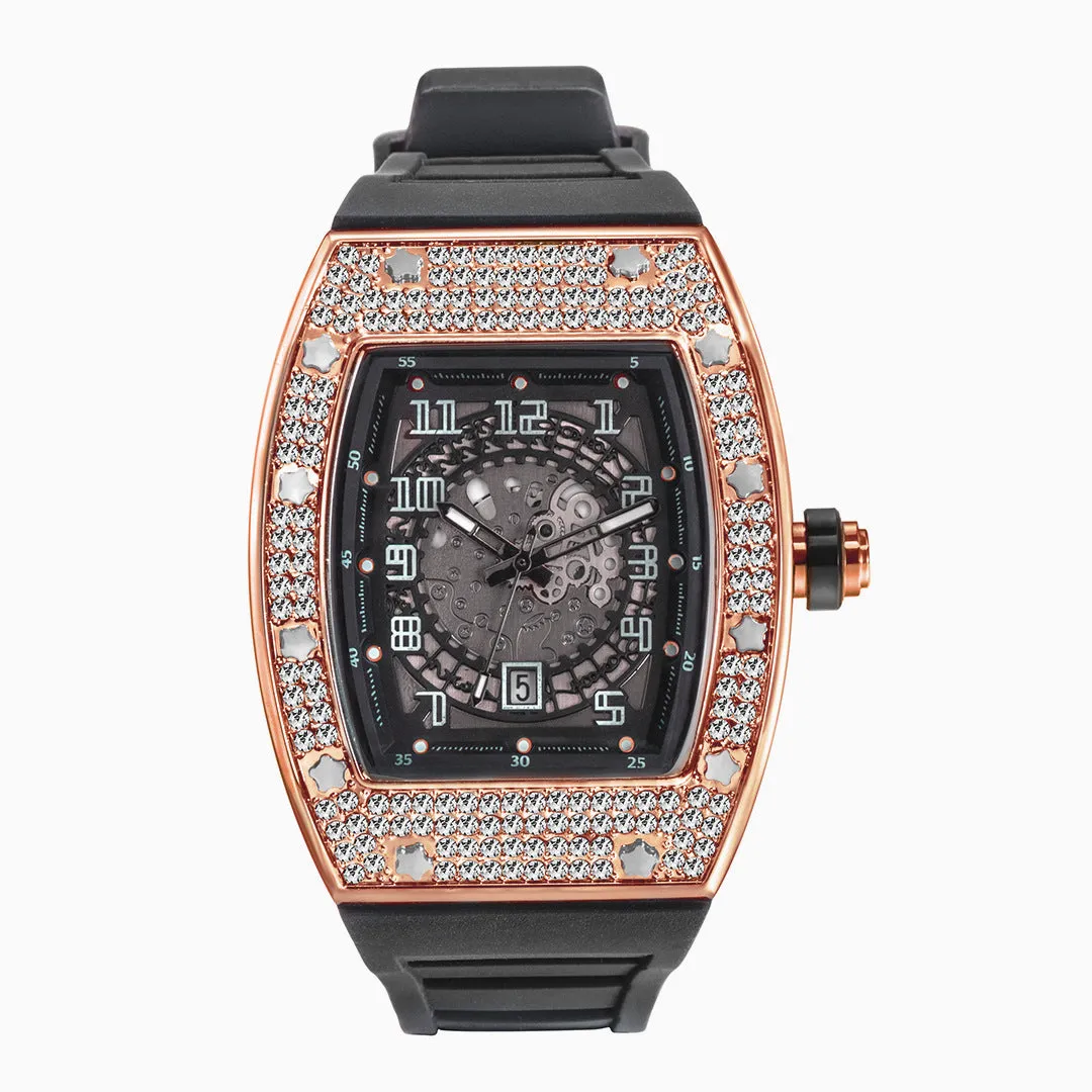 Full diamond tonneau silicone band quartz men's watch with 50mm dial, black colour option, and pin buckle