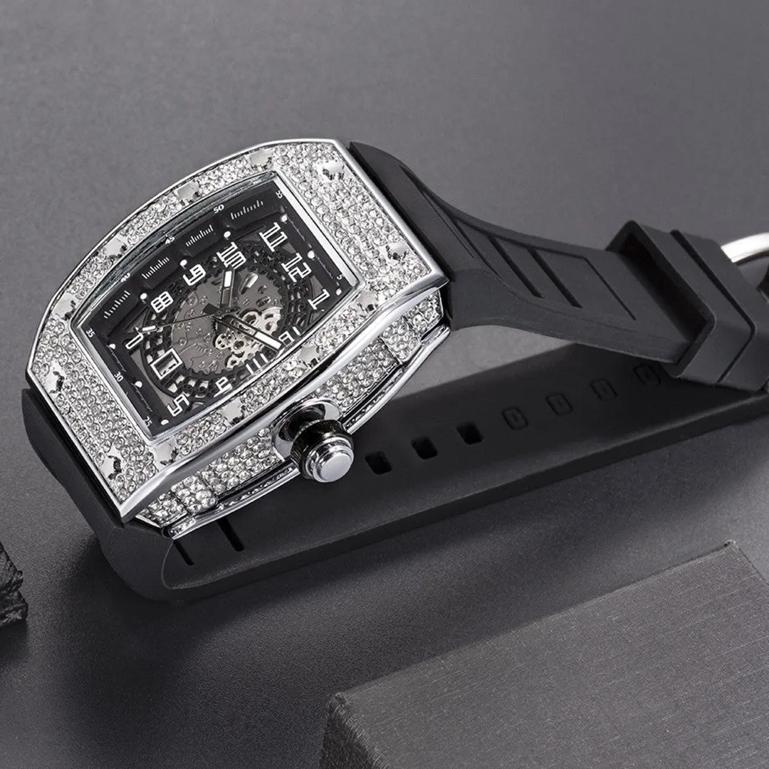 Full diamond tonneau silicone band quartz men's watch with 50mm dial, black colour option, and pin buckle