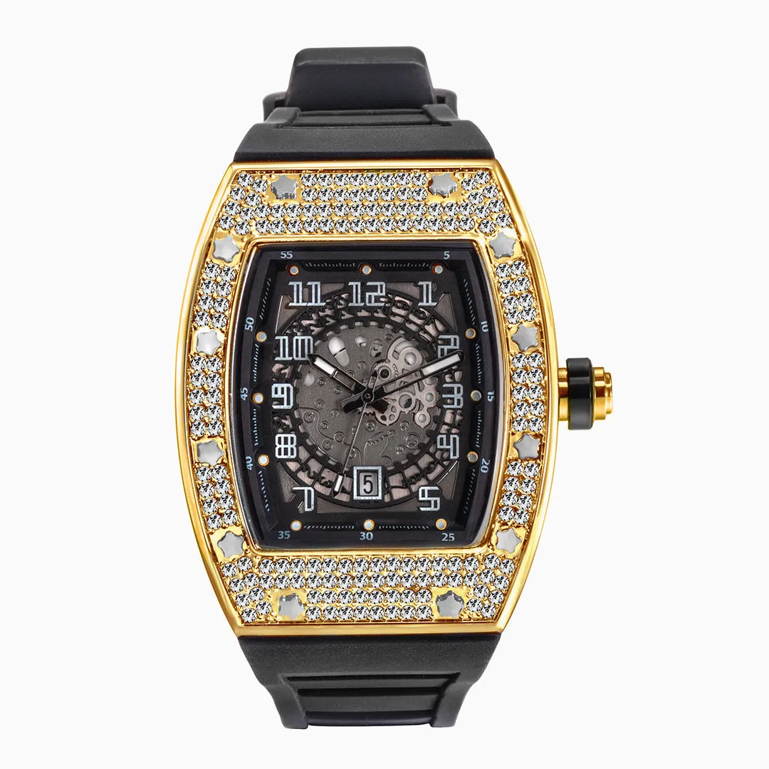Full diamond tonneau silicone band quartz men's watch with 50mm dial, black colour option, and pin buckle