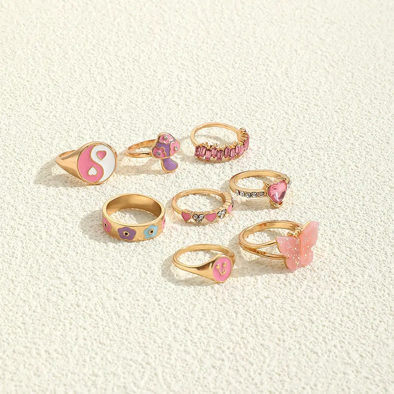 Set of 8 zinc alloy colour dripping rings with plant and flower motifs in European style