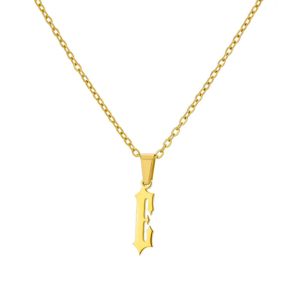 Gold stainless steel ancient English letter pendant necklace with O-ring chain on white background