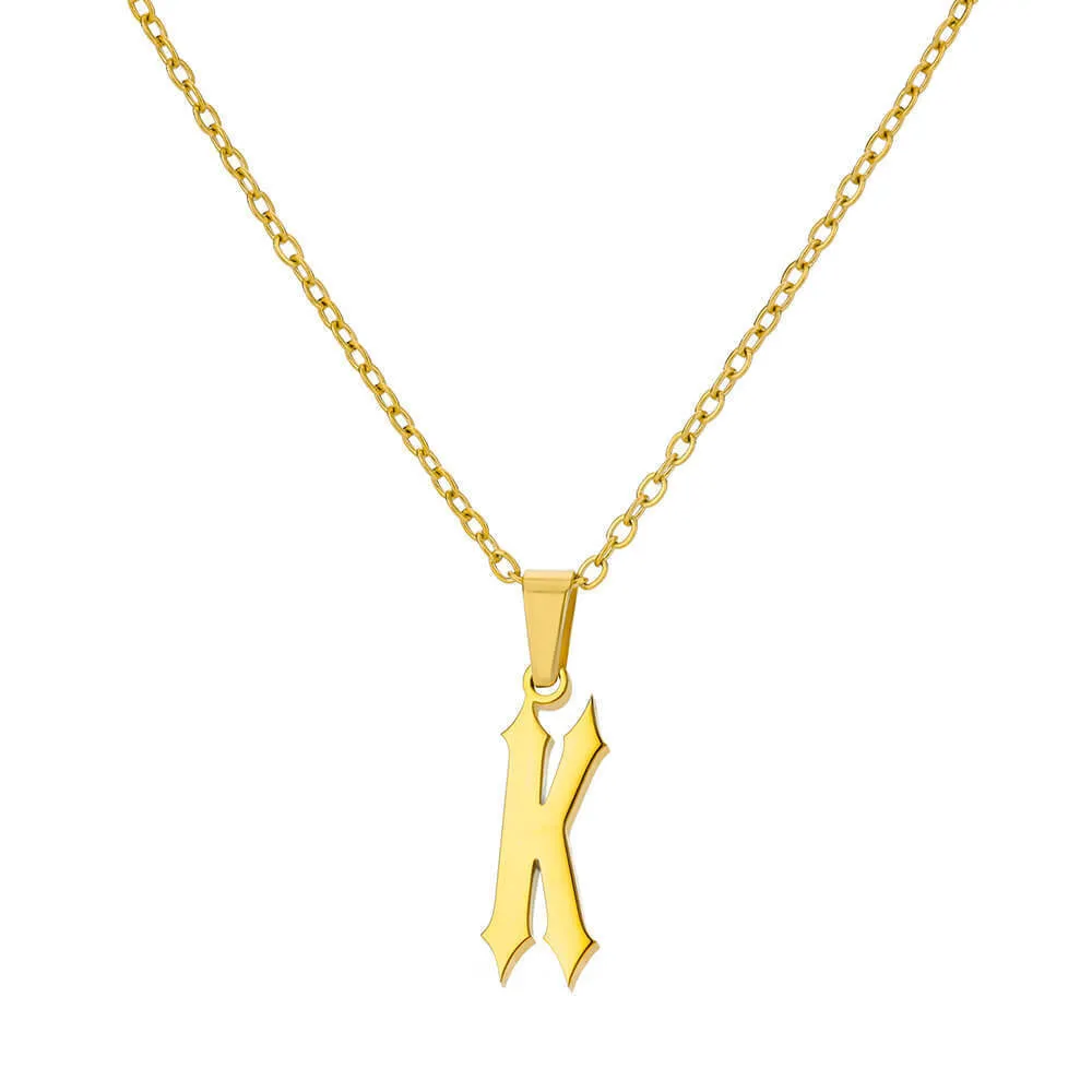 Gold stainless steel ancient English letter pendant necklace with O-ring chain on white background