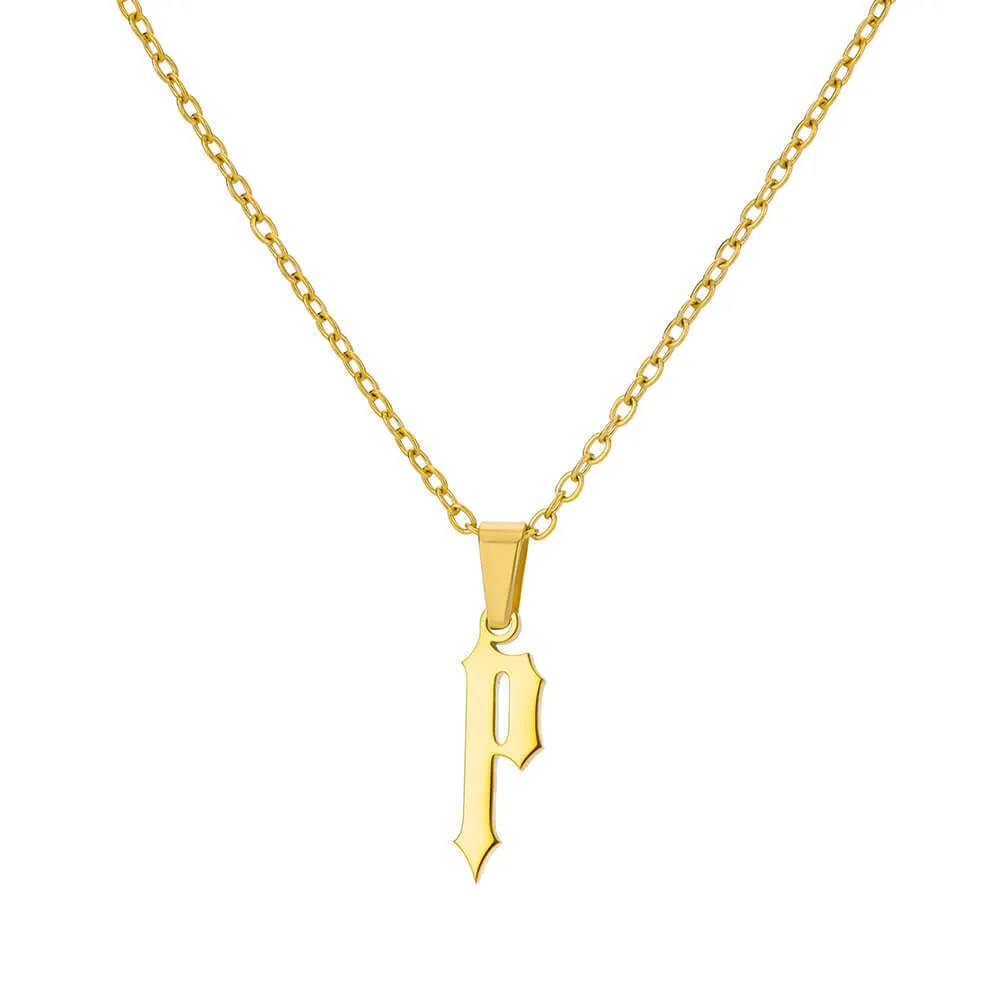 Gold stainless steel ancient English letter pendant necklace with O-ring chain on white background
