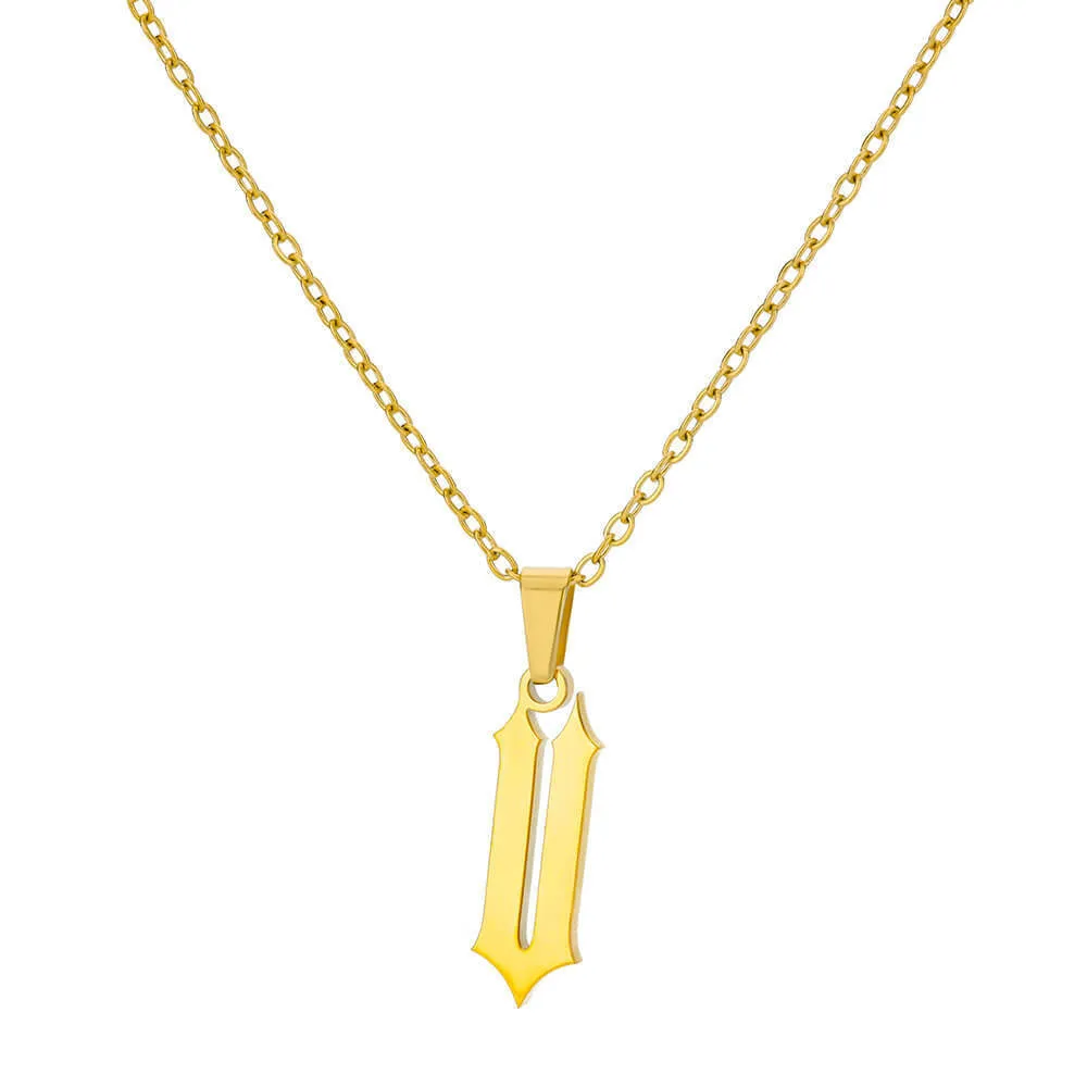Gold stainless steel ancient English letter pendant necklace with O-ring chain on white background