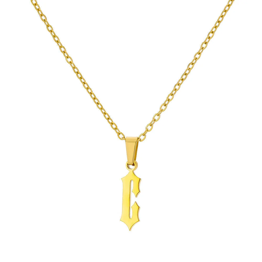 Gold stainless steel ancient English letter pendant necklace with O-ring chain on white background