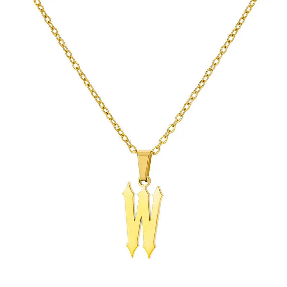 Gold stainless steel ancient English letter pendant necklace with O-ring chain on white background
