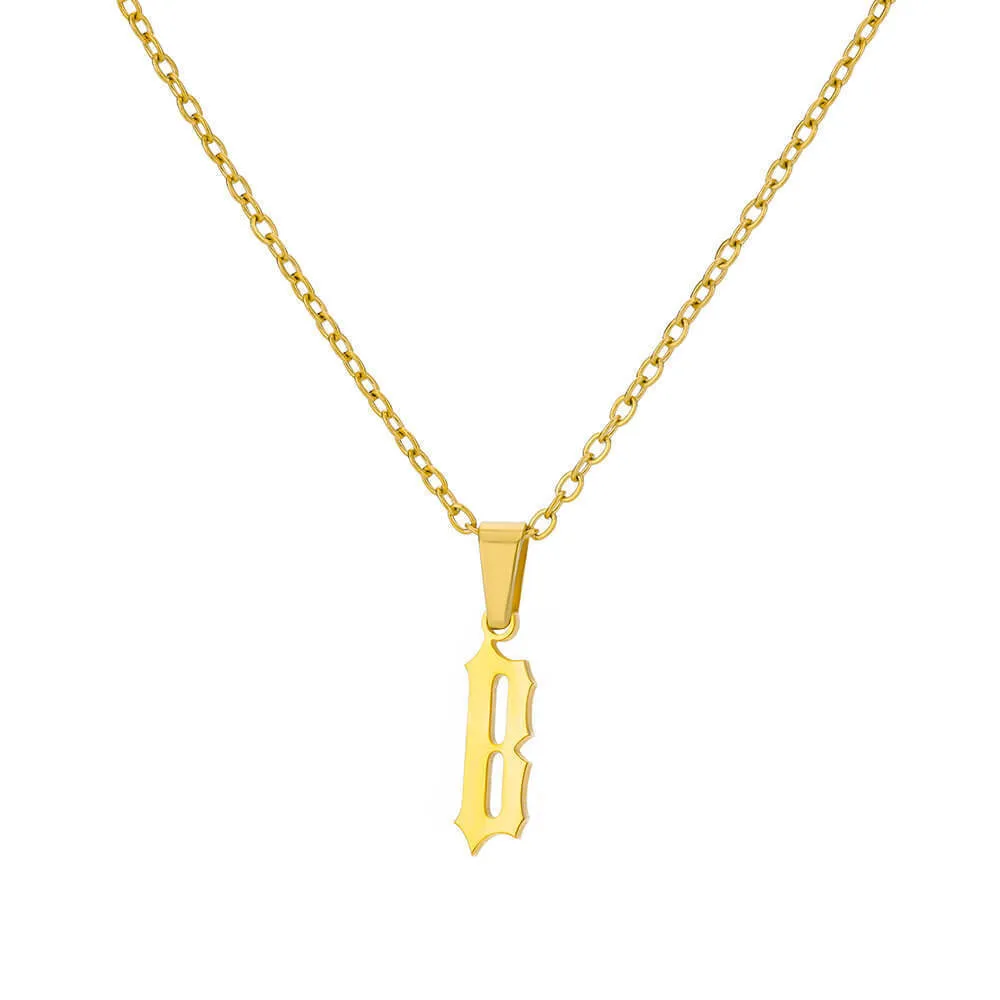 Gold stainless steel ancient English letter pendant necklace with O-ring chain on white background