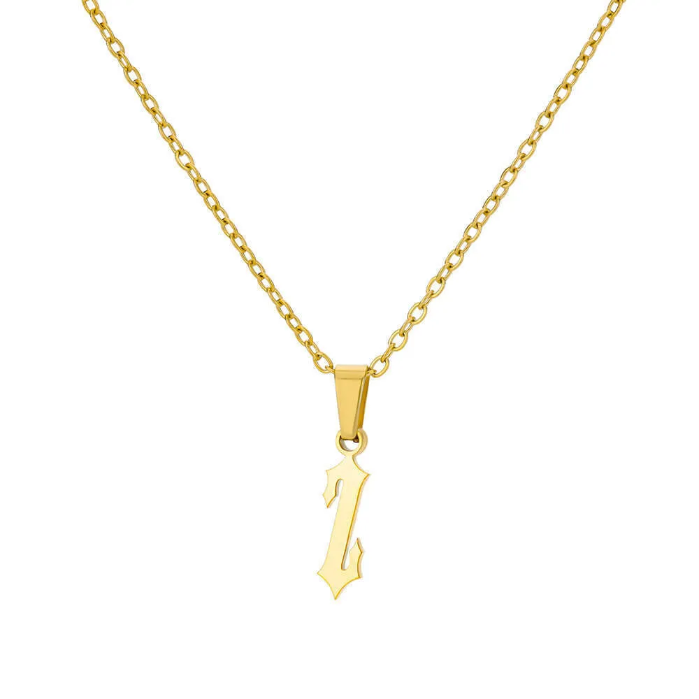 Gold stainless steel ancient English letter pendant necklace with O-ring chain on white background