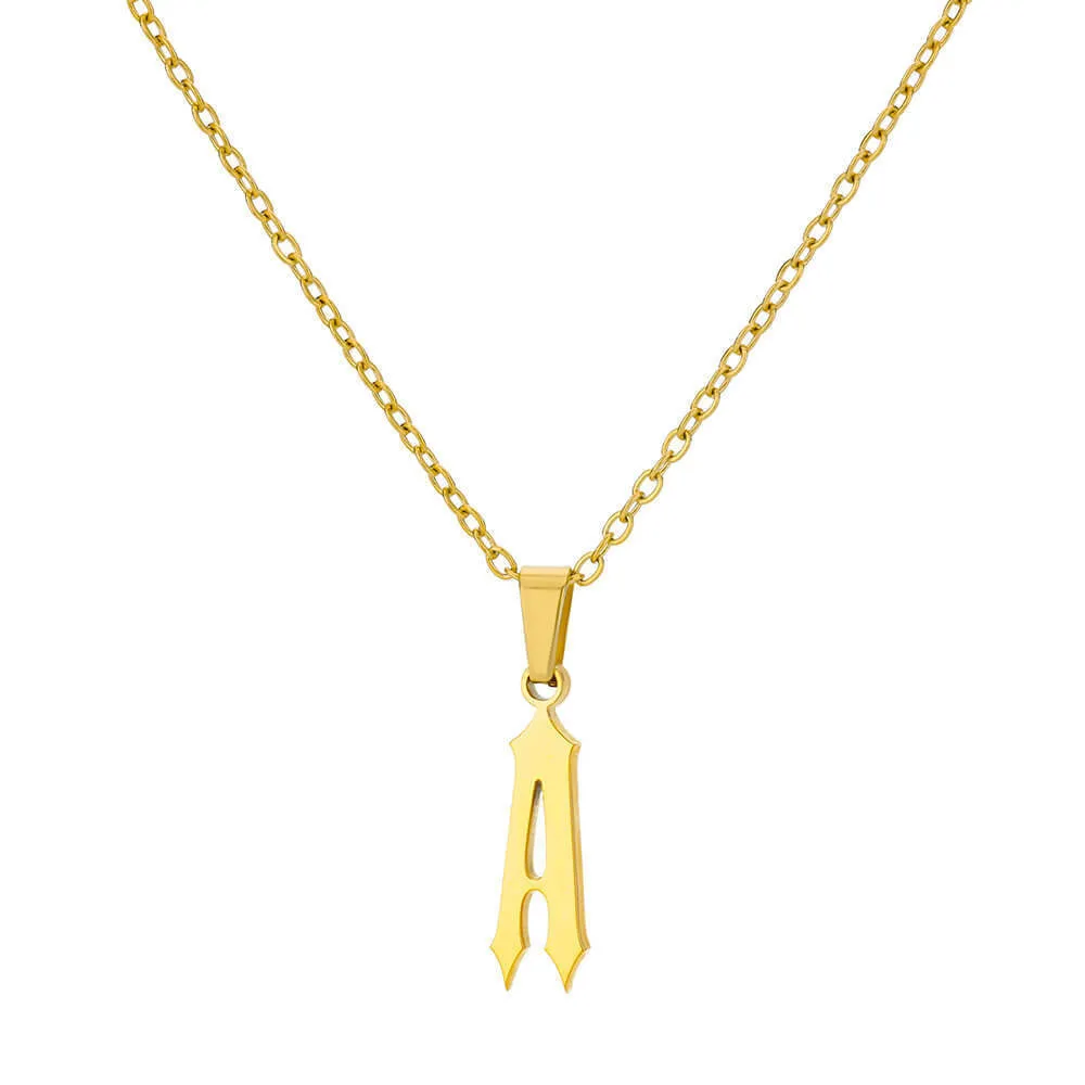 Gold stainless steel ancient English letter pendant necklace with O-ring chain on white background