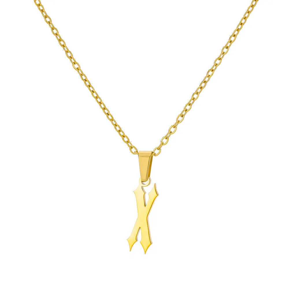 Gold stainless steel ancient English letter pendant necklace with O-ring chain on white background
