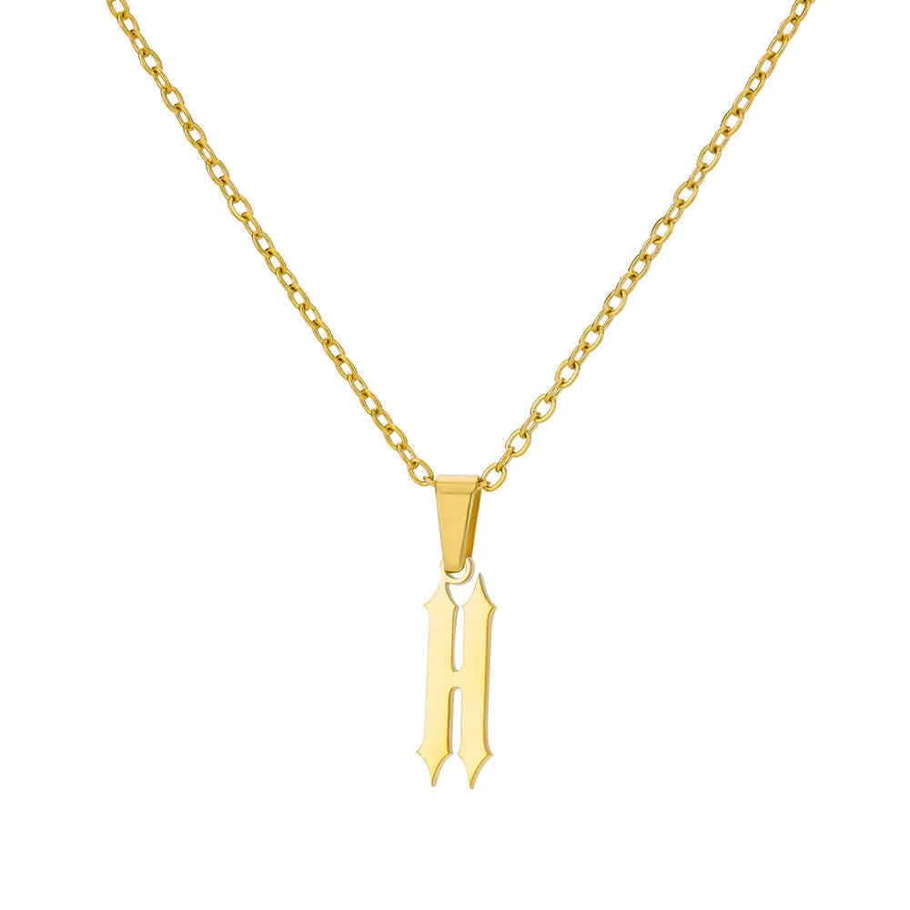 Gold stainless steel ancient English letter pendant necklace with O-ring chain on white background