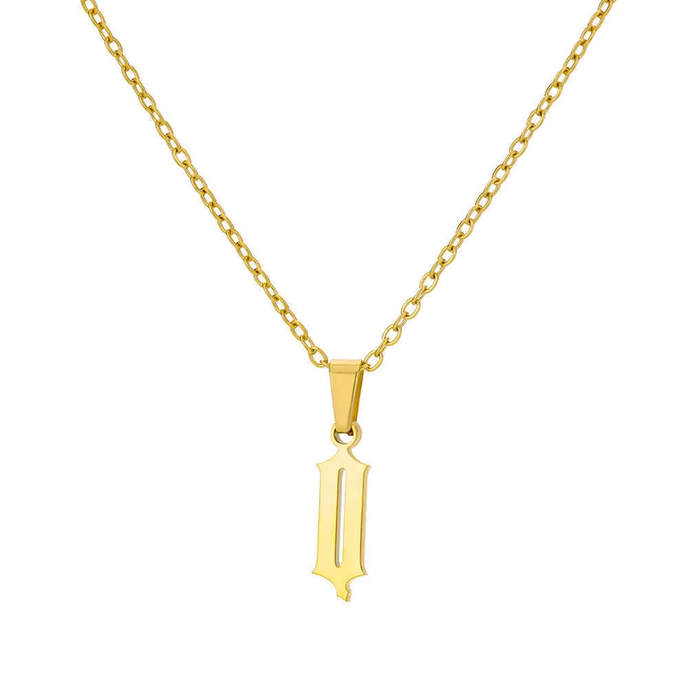 Gold stainless steel ancient English letter pendant necklace with O-ring chain on white background