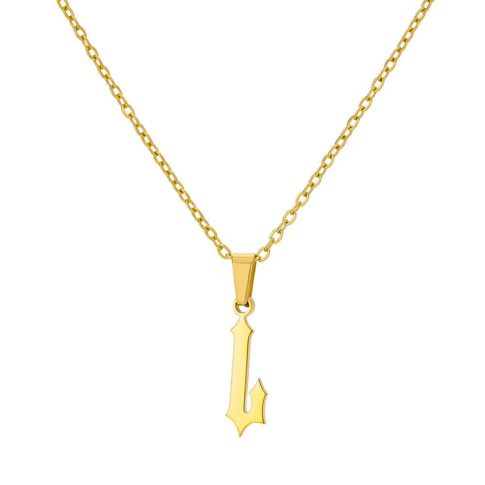 Gold stainless steel ancient English letter pendant necklace with O-ring chain on white background