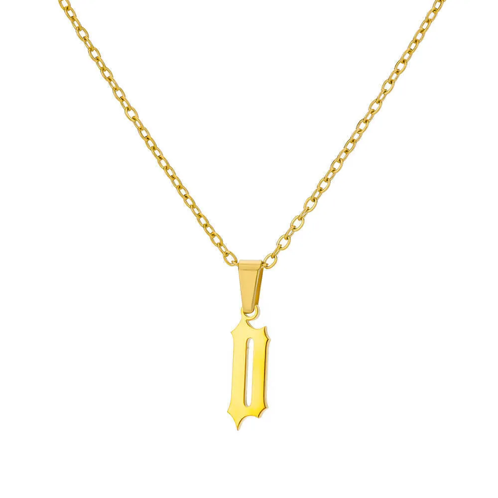 Gold stainless steel ancient English letter pendant necklace with O-ring chain on white background