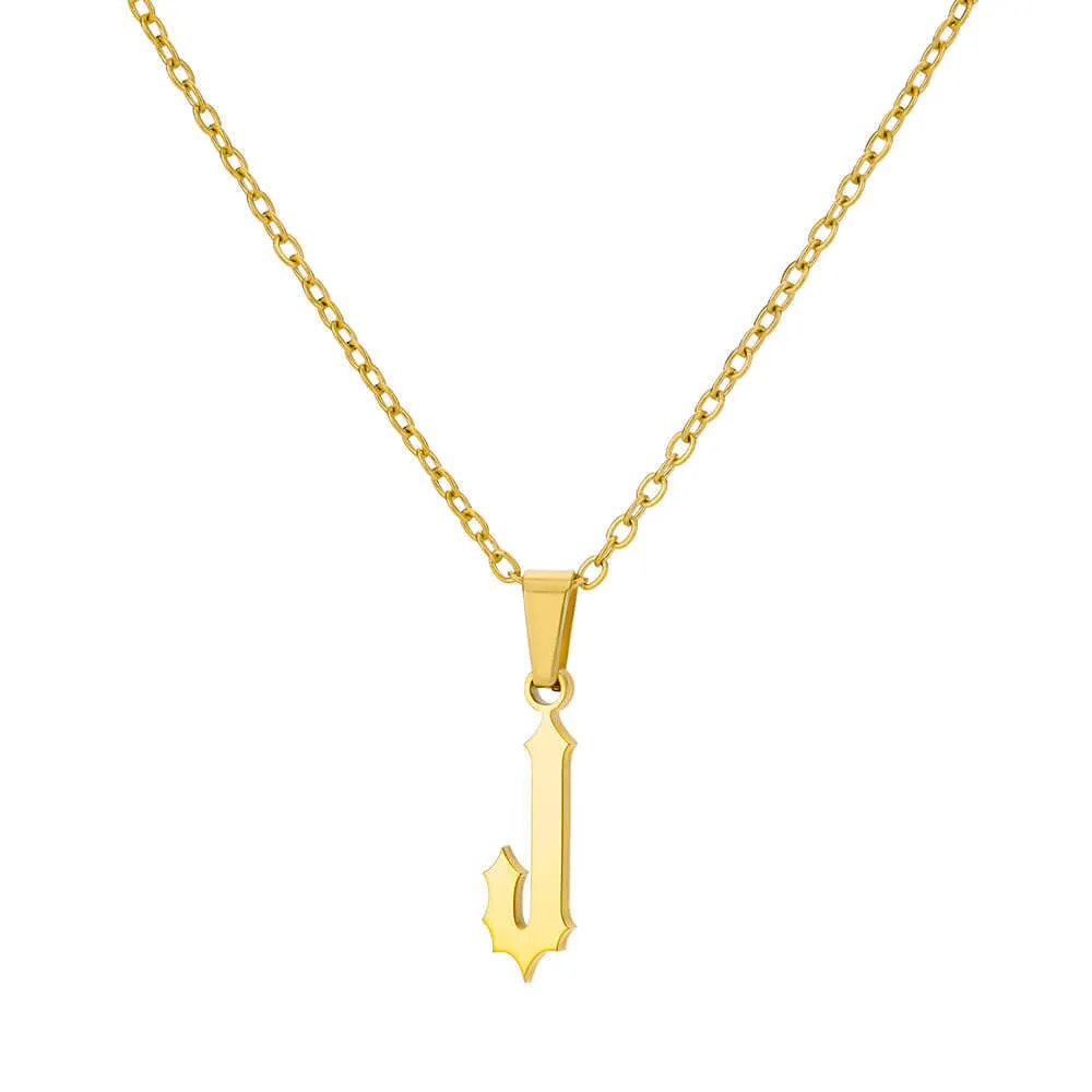 Gold stainless steel ancient English letter pendant necklace with O-ring chain on white background