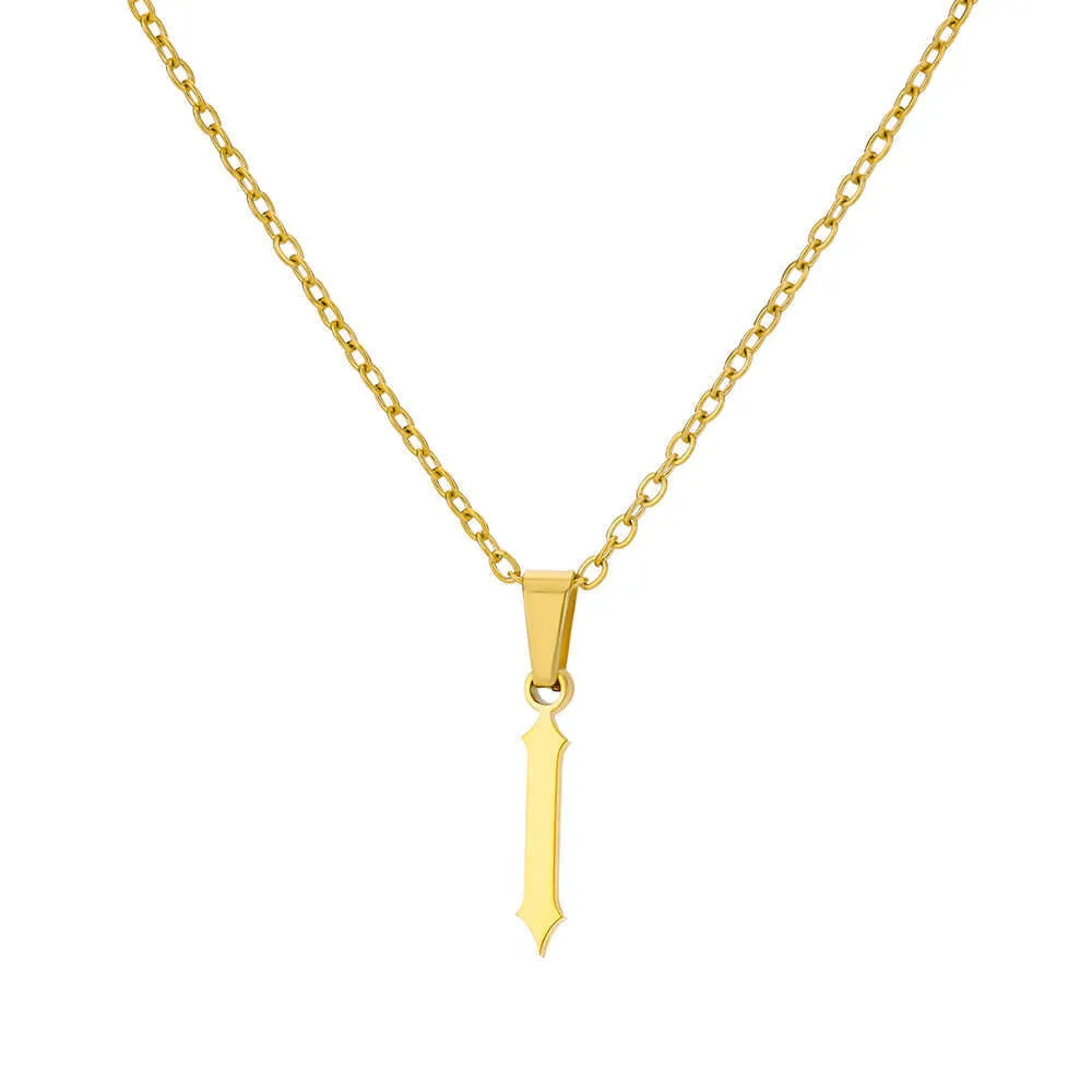 Gold stainless steel ancient English letter pendant necklace with O-ring chain on white background