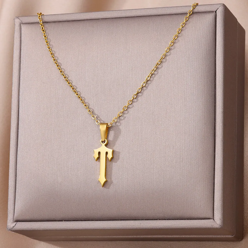 Gold stainless steel ancient English letter pendant necklace with O-ring chain on white background