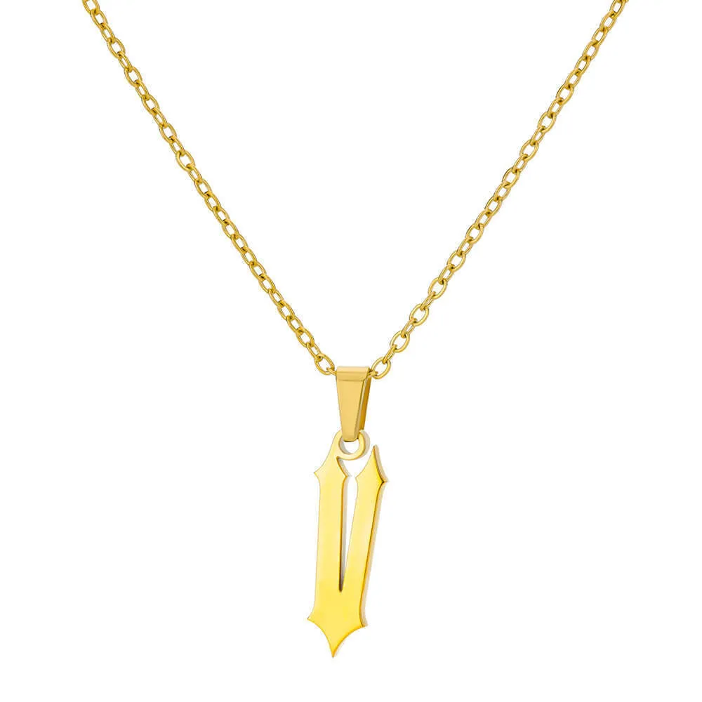 Gold stainless steel ancient English letter pendant necklace with O-ring chain on white background