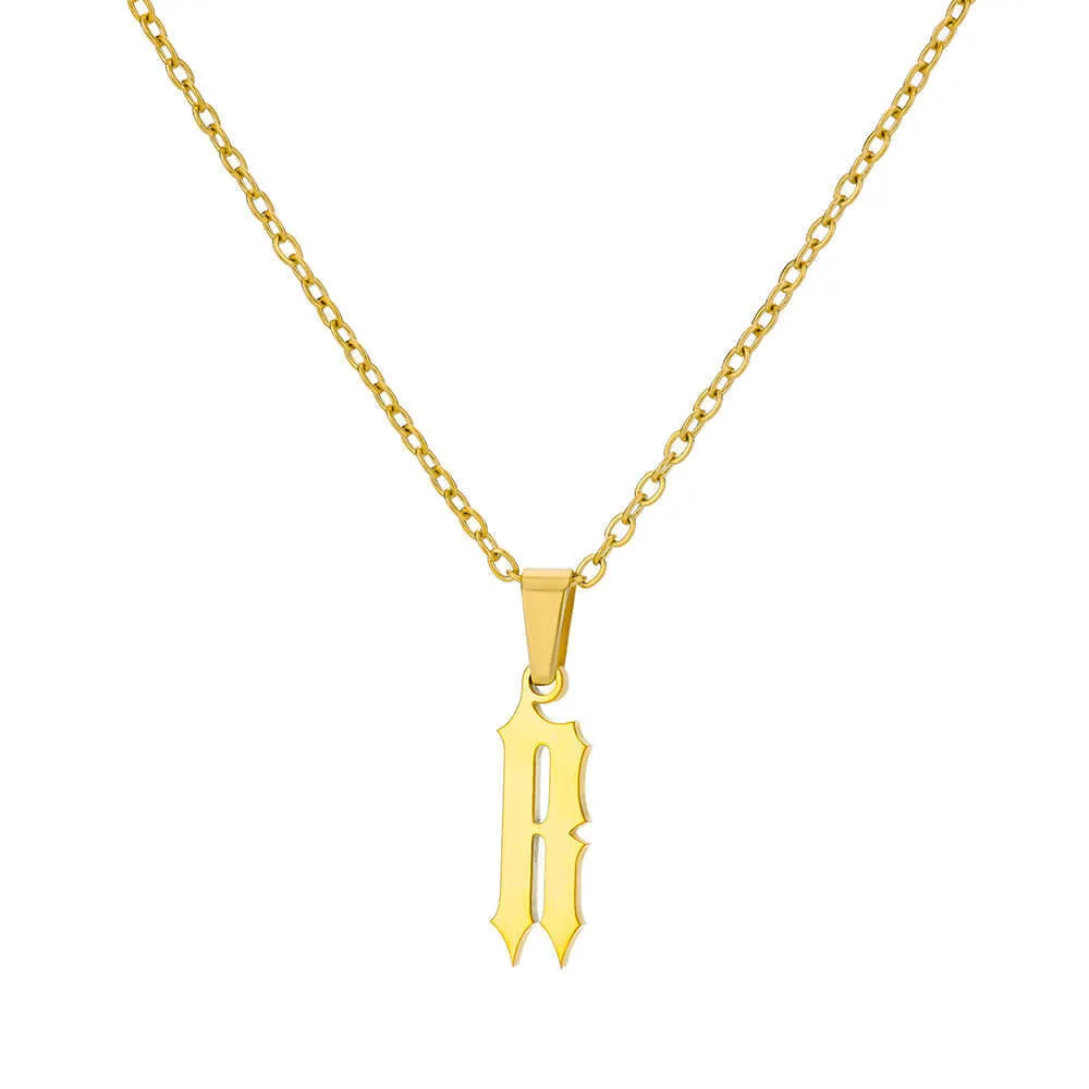 Gold stainless steel ancient English letter pendant necklace with O-ring chain on white background