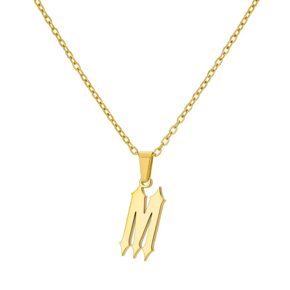 Gold stainless steel ancient English letter pendant necklace with O-ring chain on white background