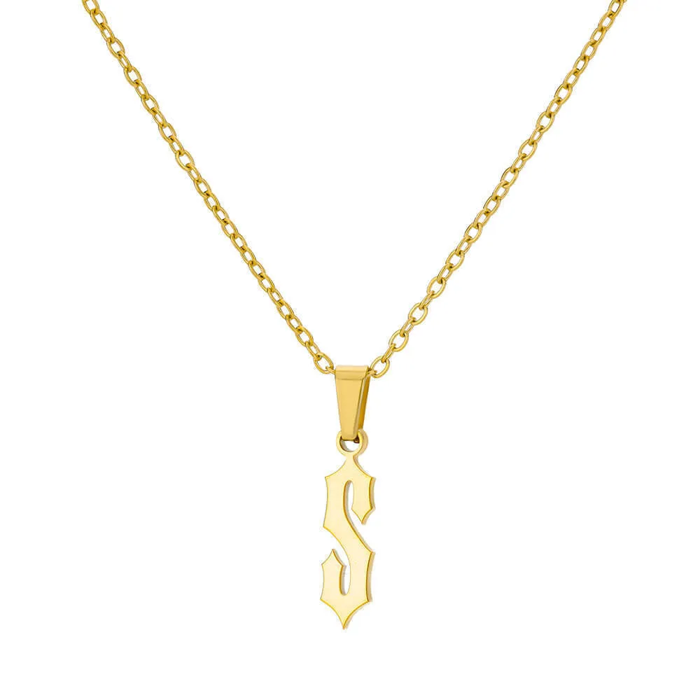 Gold stainless steel ancient English letter pendant necklace with O-ring chain on white background