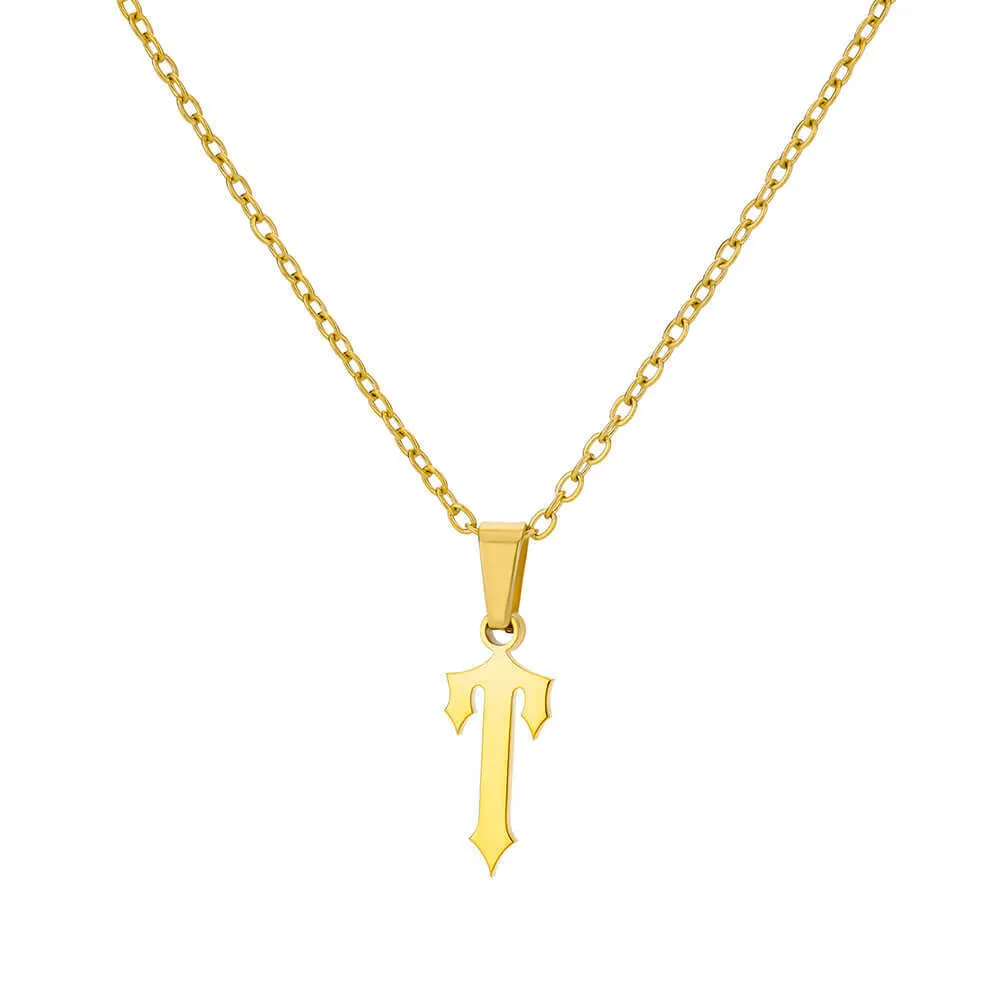 Gold stainless steel ancient English letter pendant necklace with O-ring chain on white background