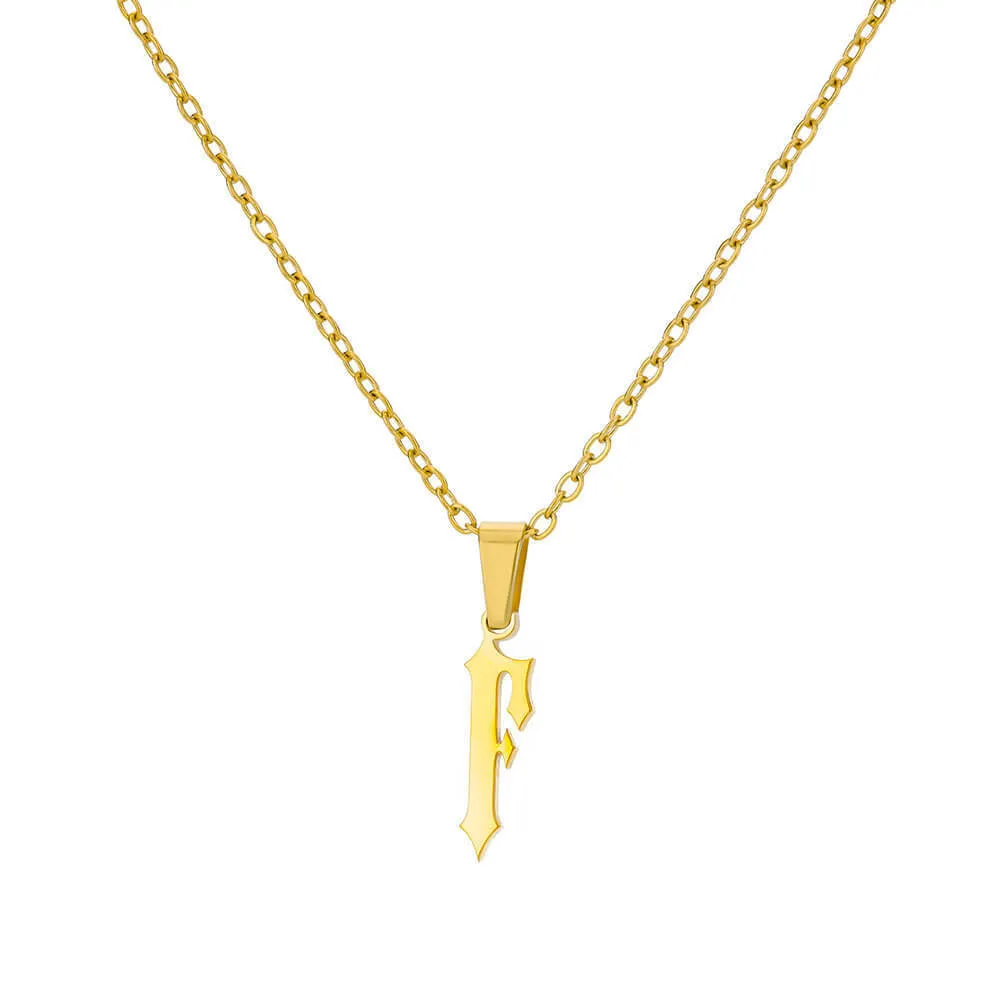 Gold stainless steel ancient English letter pendant necklace with O-ring chain on white background
