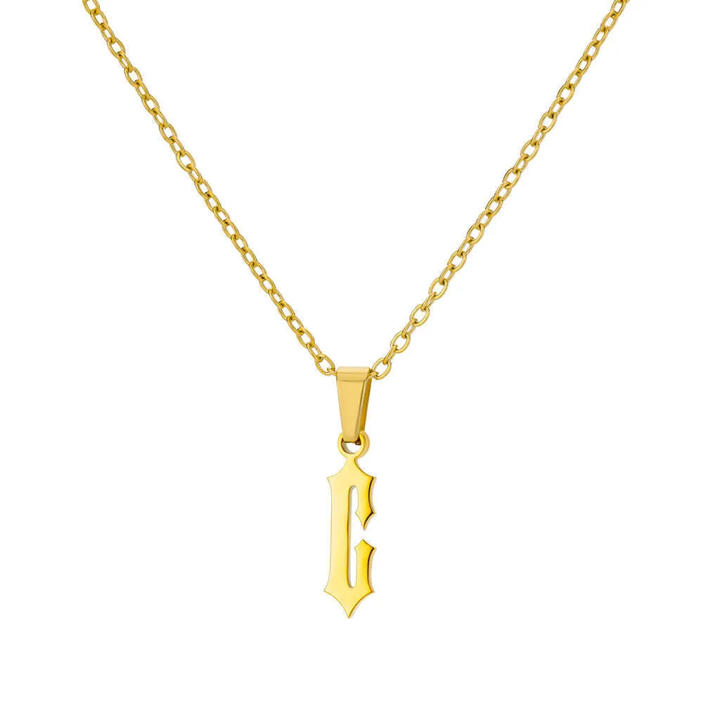 Gold stainless steel ancient English letter pendant necklace with O-ring chain on white background