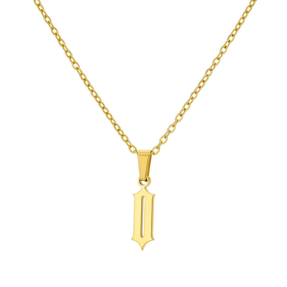 Gold stainless steel ancient English letter pendant necklace with O-ring chain on white background