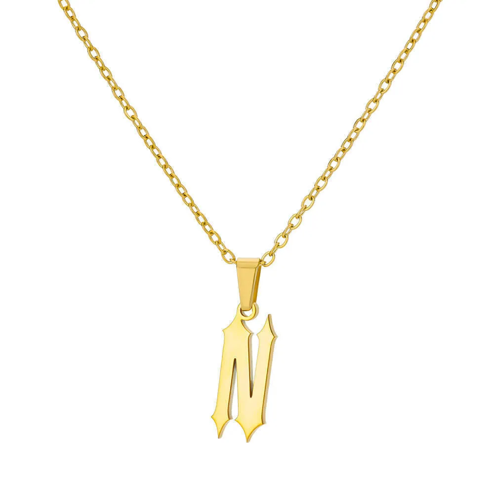 Gold stainless steel ancient English letter pendant necklace with O-ring chain on white background