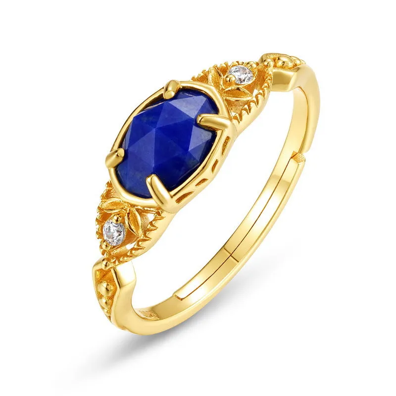 Japanese style silver lapis lazuli ring with elliptical geometric design and round stone centre