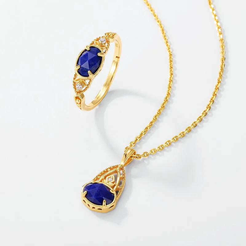 Japanese style silver lapis lazuli ring with elliptical geometric design and round stone centre