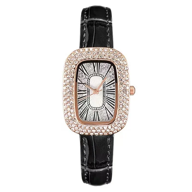 Women's casual quartz wrist watch with oval dial and imitation leather strap in black colour