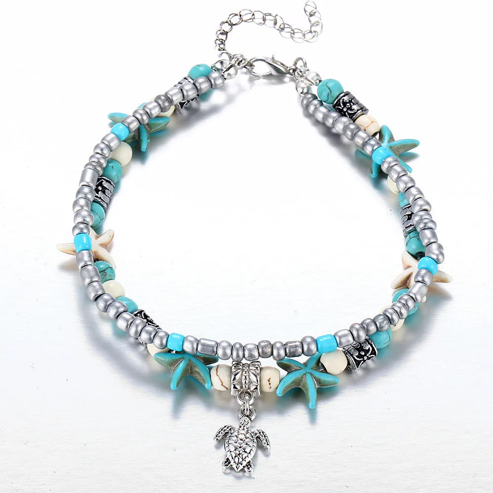 Green blue starfish anklet leg chain with zinc alloy construction on a beach setting