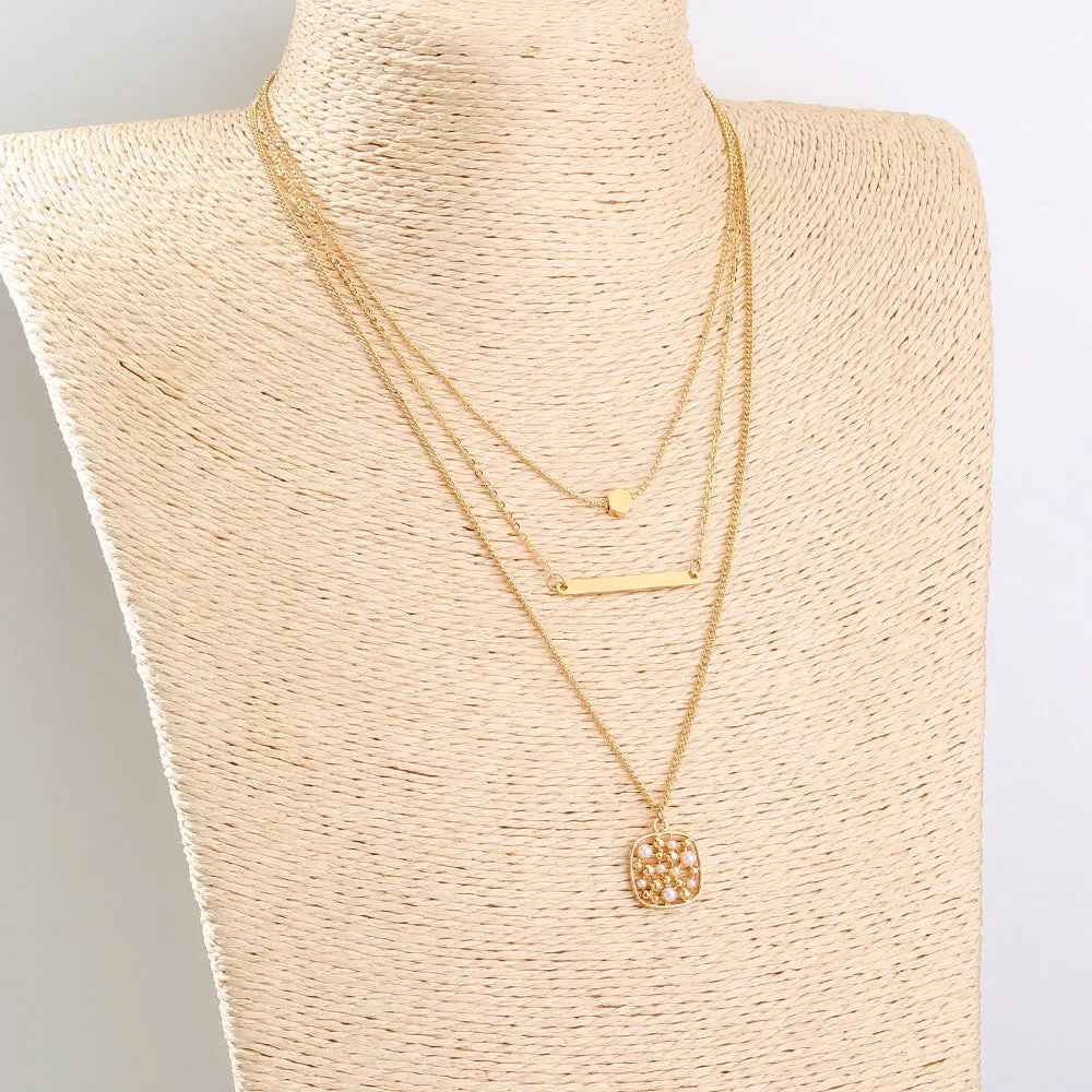 Multi-layer gold necklace with geometric pineapple pendant on adjustable chain, electroplated finish, zinc alloy