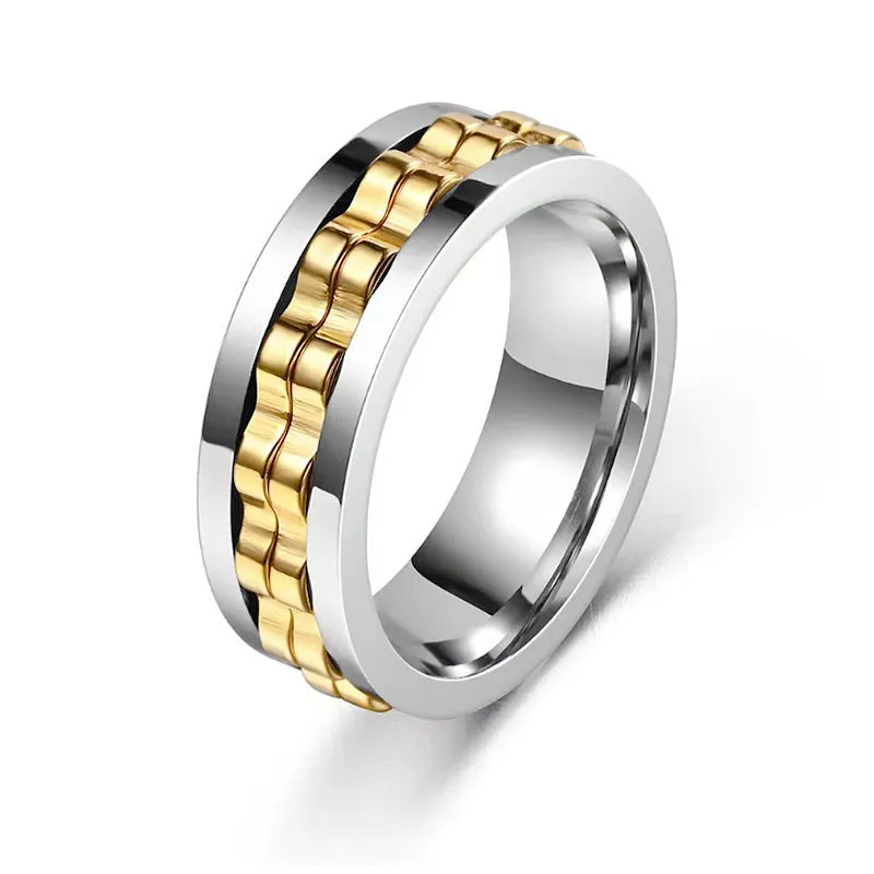 Titanium spinner square texture ring with rotating gear band, high polished finish, black colour option