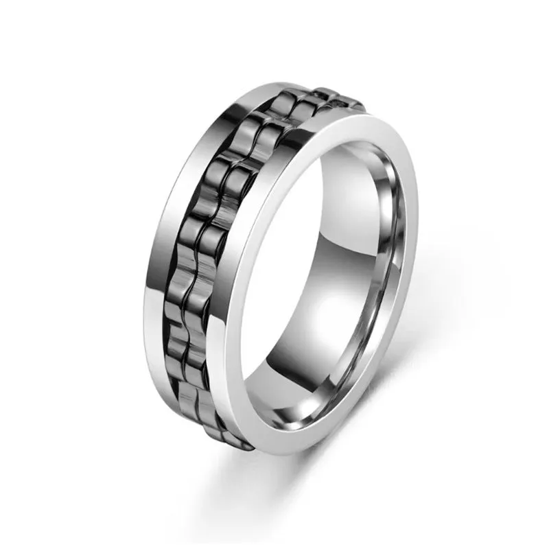Titanium spinner square texture ring with rotating gear band, high polished finish, black colour option