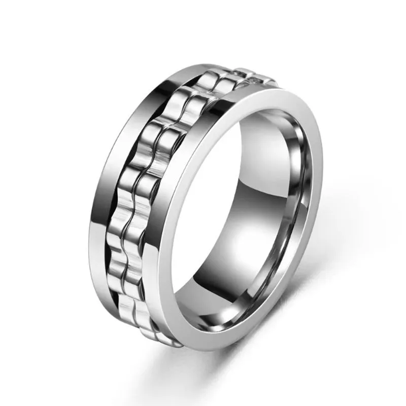 Titanium spinner square texture ring with rotating gear band, high polished finish, black colour option