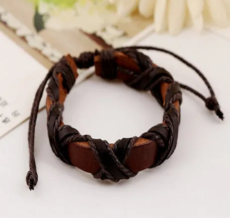 Asgard crafted leather Nordic arm bracelet in brown cowhide with black hemp rope adjustable fit